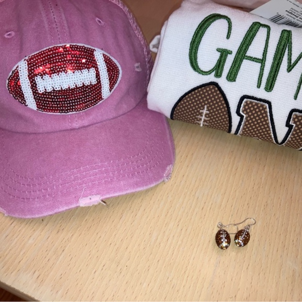Football Bundle: Crystal Earrings + Distressed Hat + Kitchen Towel - New